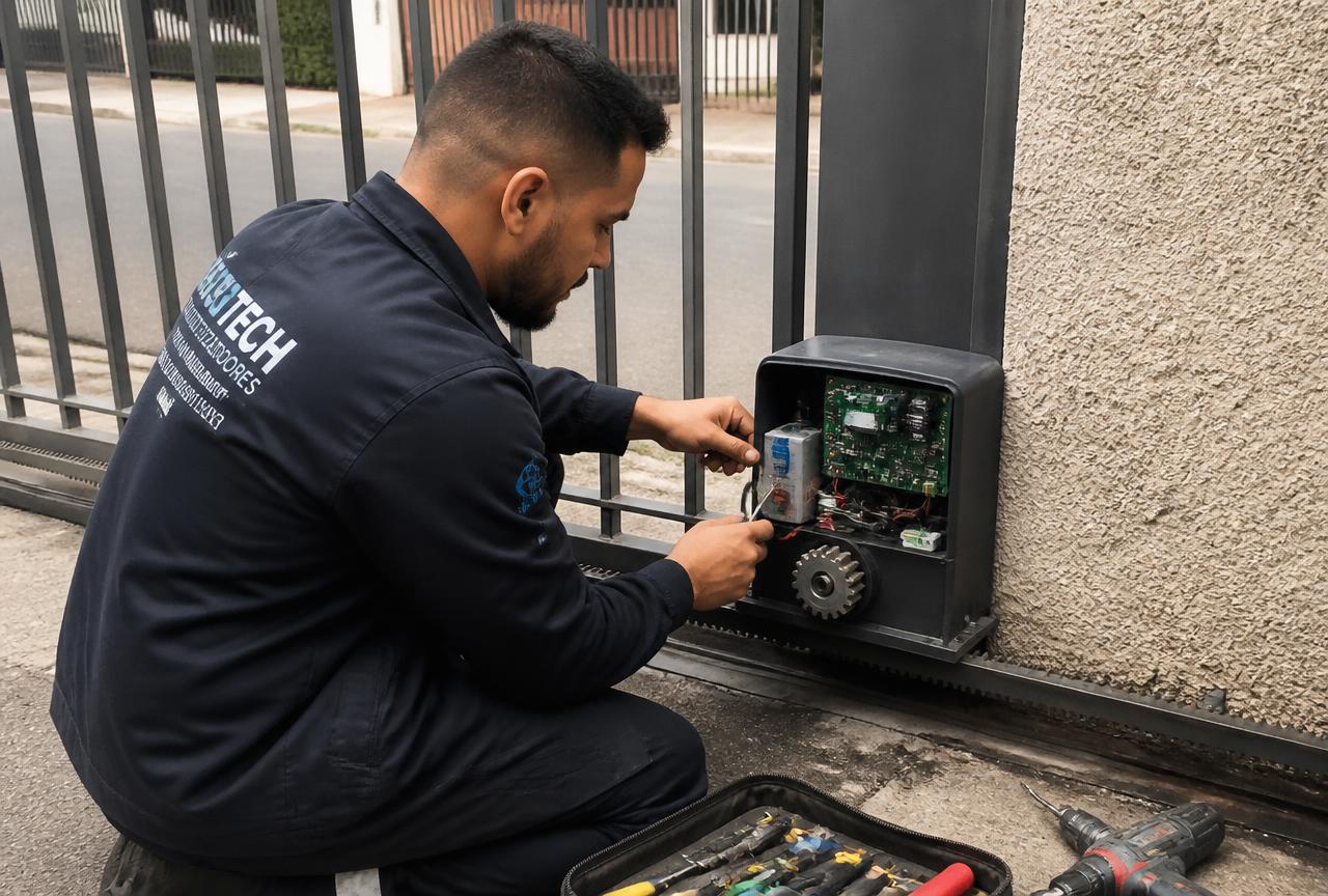 Conserto de motor de portão automático na Grande São Paulo: técnico abrindo a caixa do motor de portão deslizante para checar a central