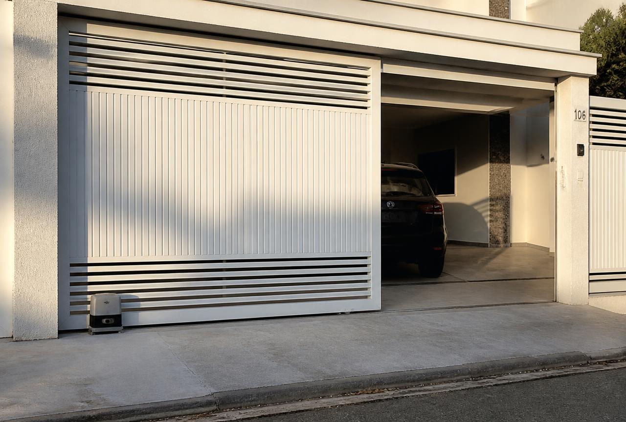 Ajuste de sensor fotocélula em Guarulhos: portão automático de garagem residencial em funcionamento