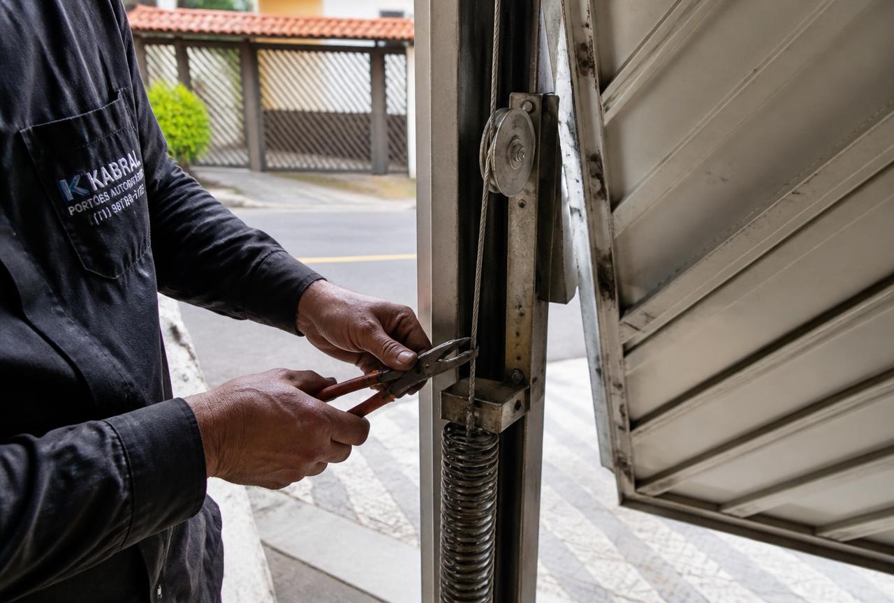 Instalação de sensor de segurança para portão em Diadema: troca do cabo de aço de portão basculante em garagem